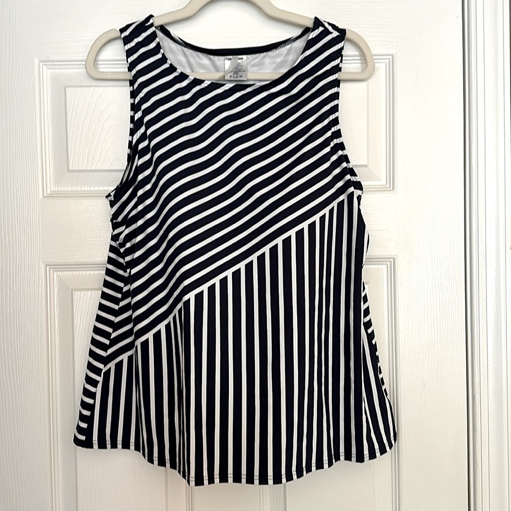 Navy and white stripe swim tank top with built in padded bra.